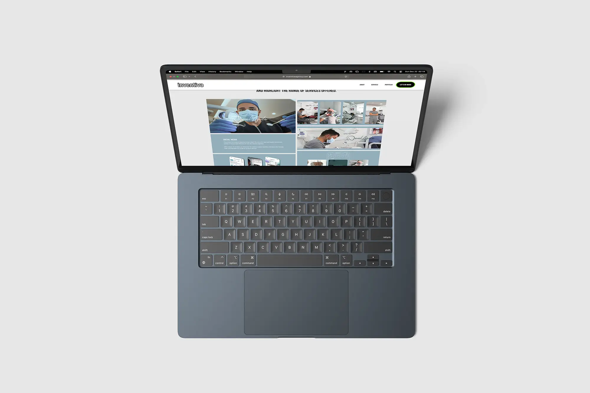 A top-down view of a laptop displaying the project page for Inventiva, a creative agency specializing in digital marketing and photography.