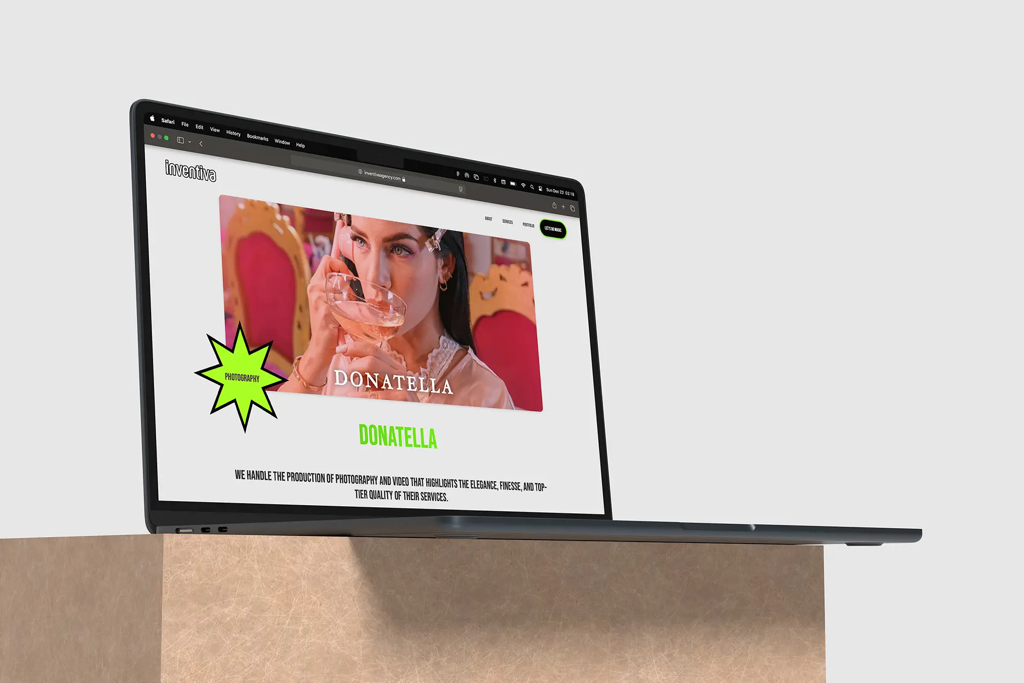 A laptop displaying a case study page for a project named "Donatella" on the Inventiva website, featuring a bold hero image and a pop-art style star graphic.