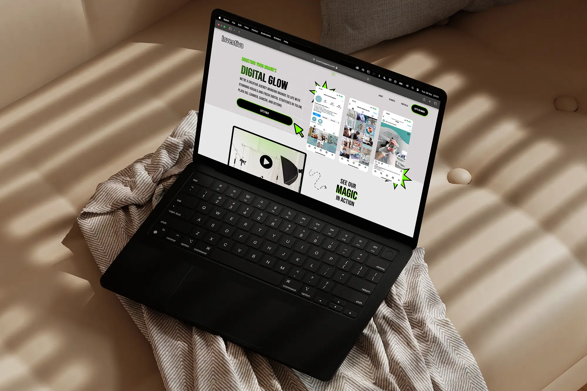 A laptop displaying the "Digital Glow" landing page for the Inventiva project, showcased in a relaxed, lifestyle setting.