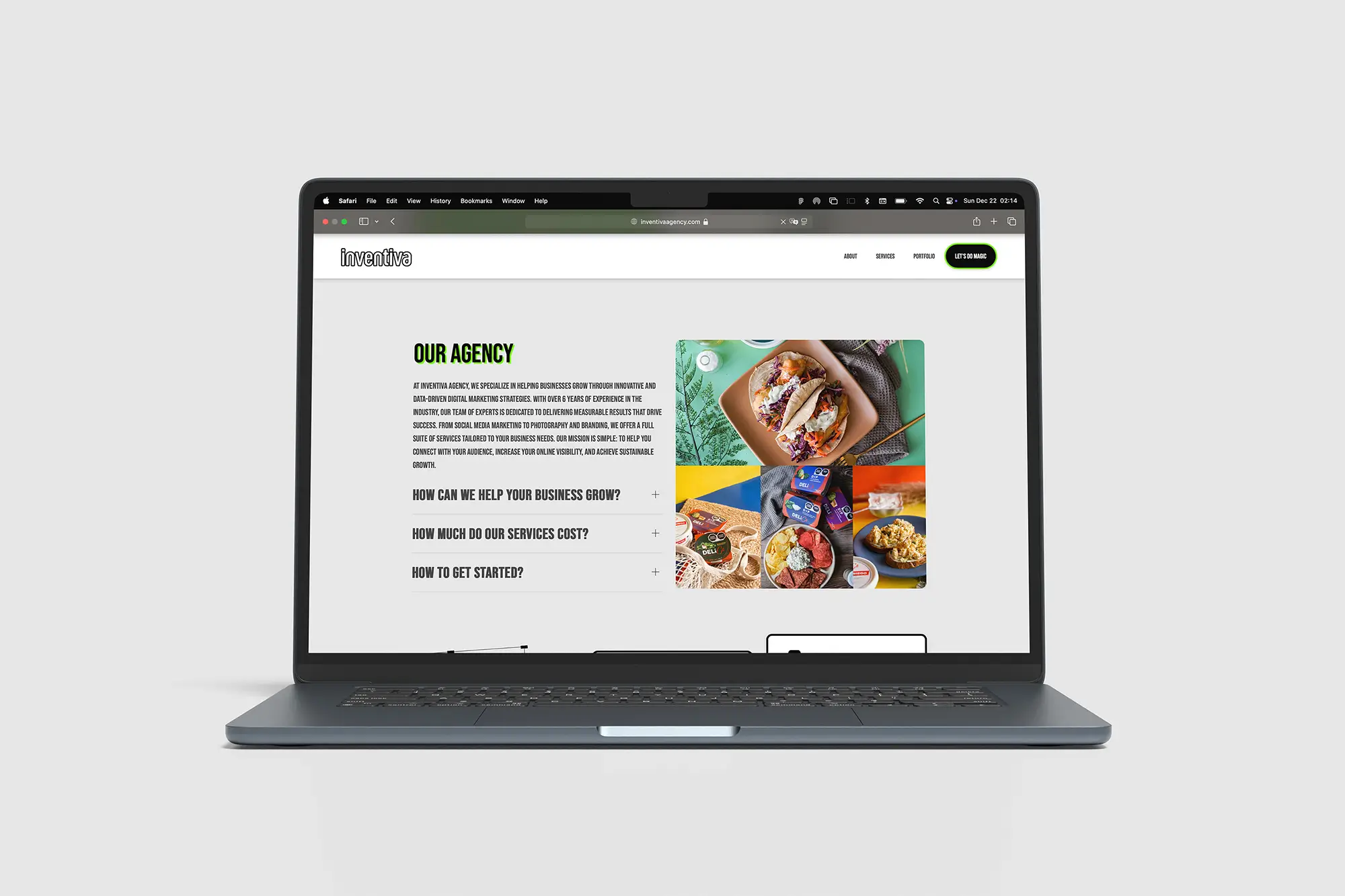 A laptop displaying the clean and modern homepage design for the Inventiva agency, featuring a structured layout and a prominent "Listen Now" call-to-action