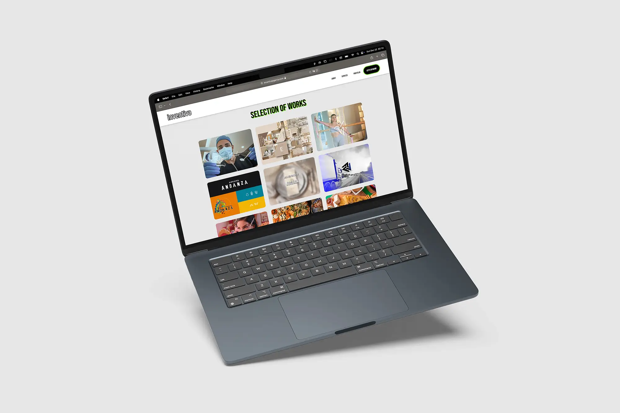 A laptop at an angle showcasing the "Selection of Works" portfolio section for Inventiva, with a clean grid of project thumbnails.