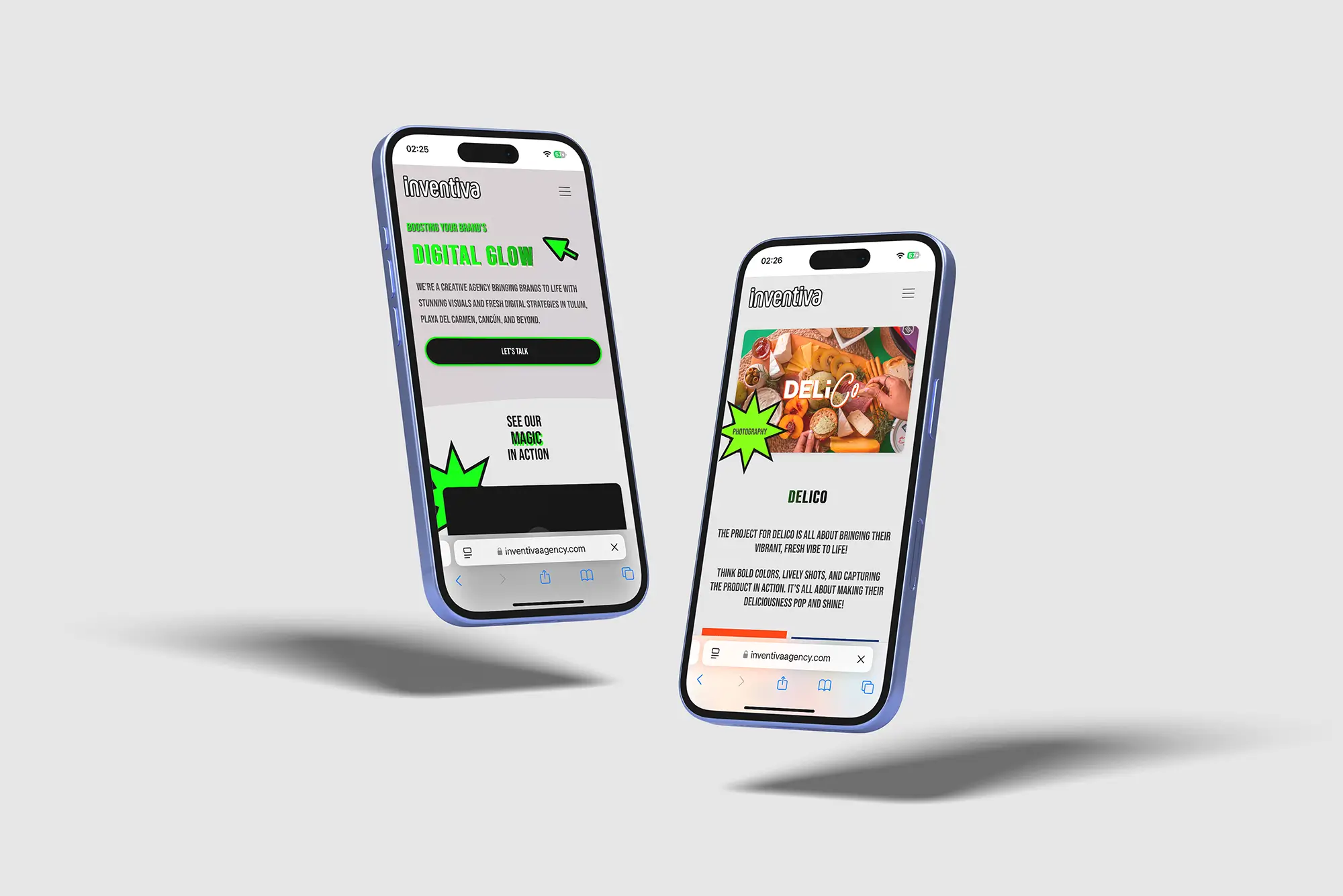 Two floating smartphones displaying different views from the Inventiva mobile website, one showing the homepage and the other a case study.