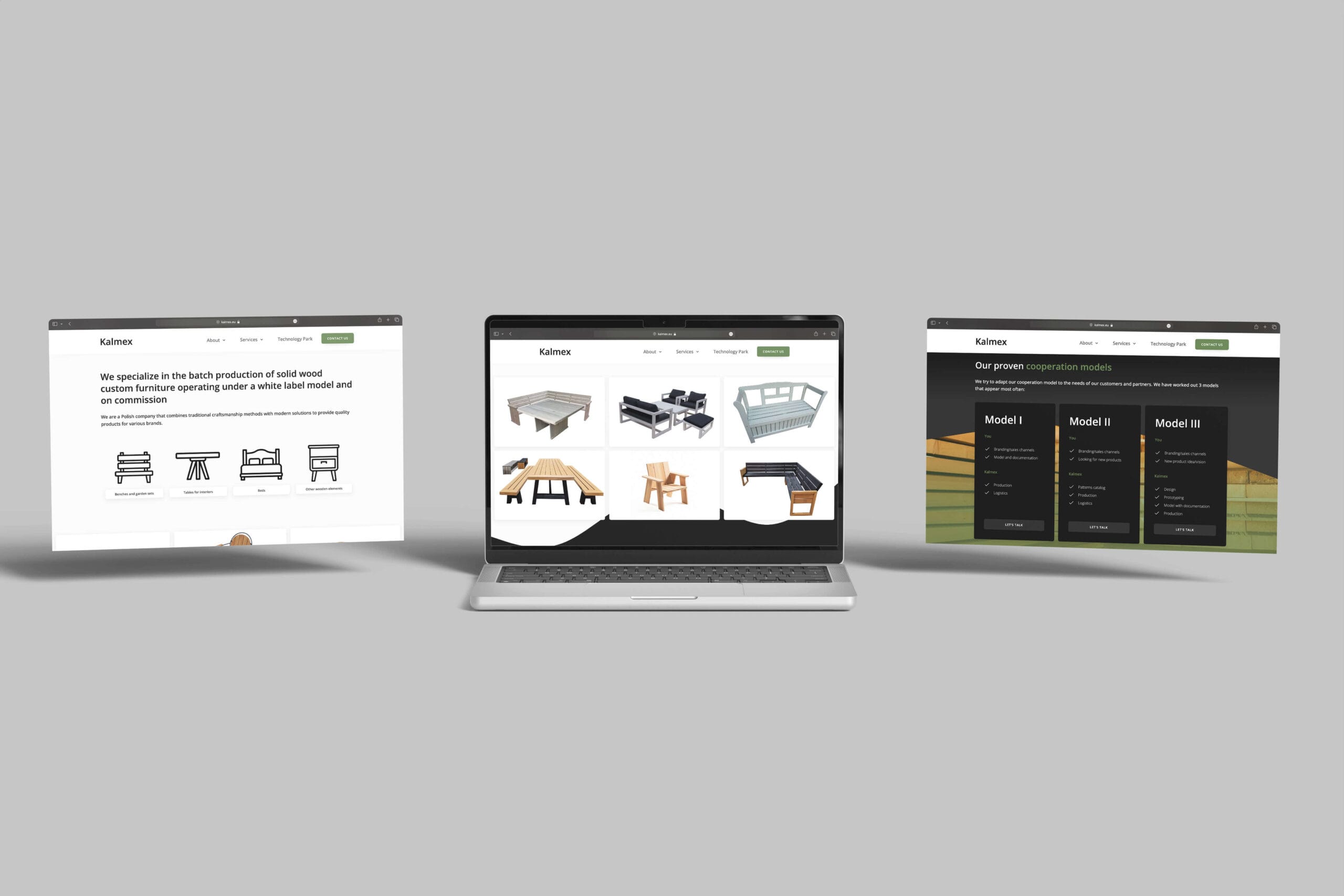 Laptop with three floating browser windows showing Kalmex product categories and cooperation models.