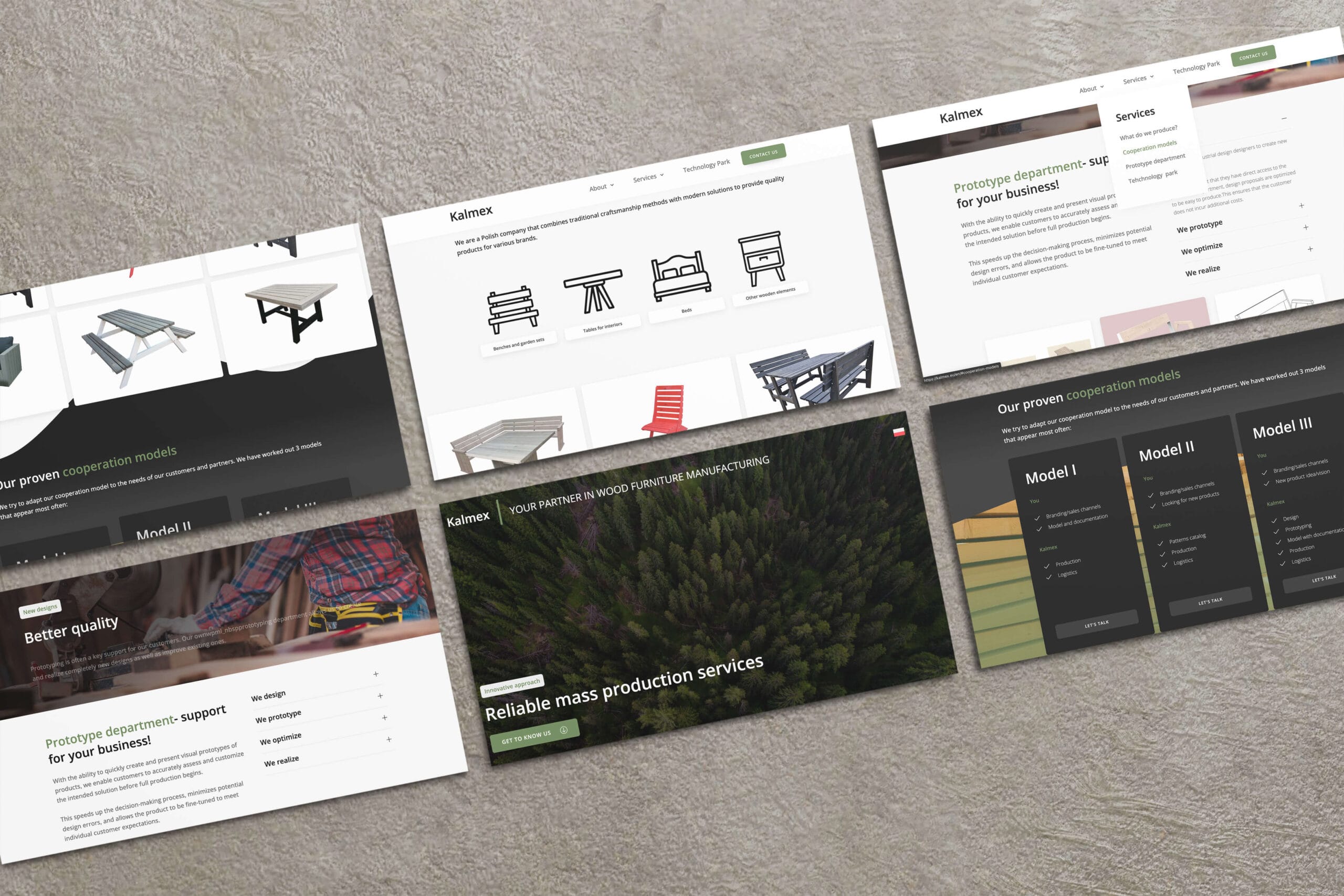 Collage of Kalmex website screenshots showing services, cooperation models, and prototyping department sections.