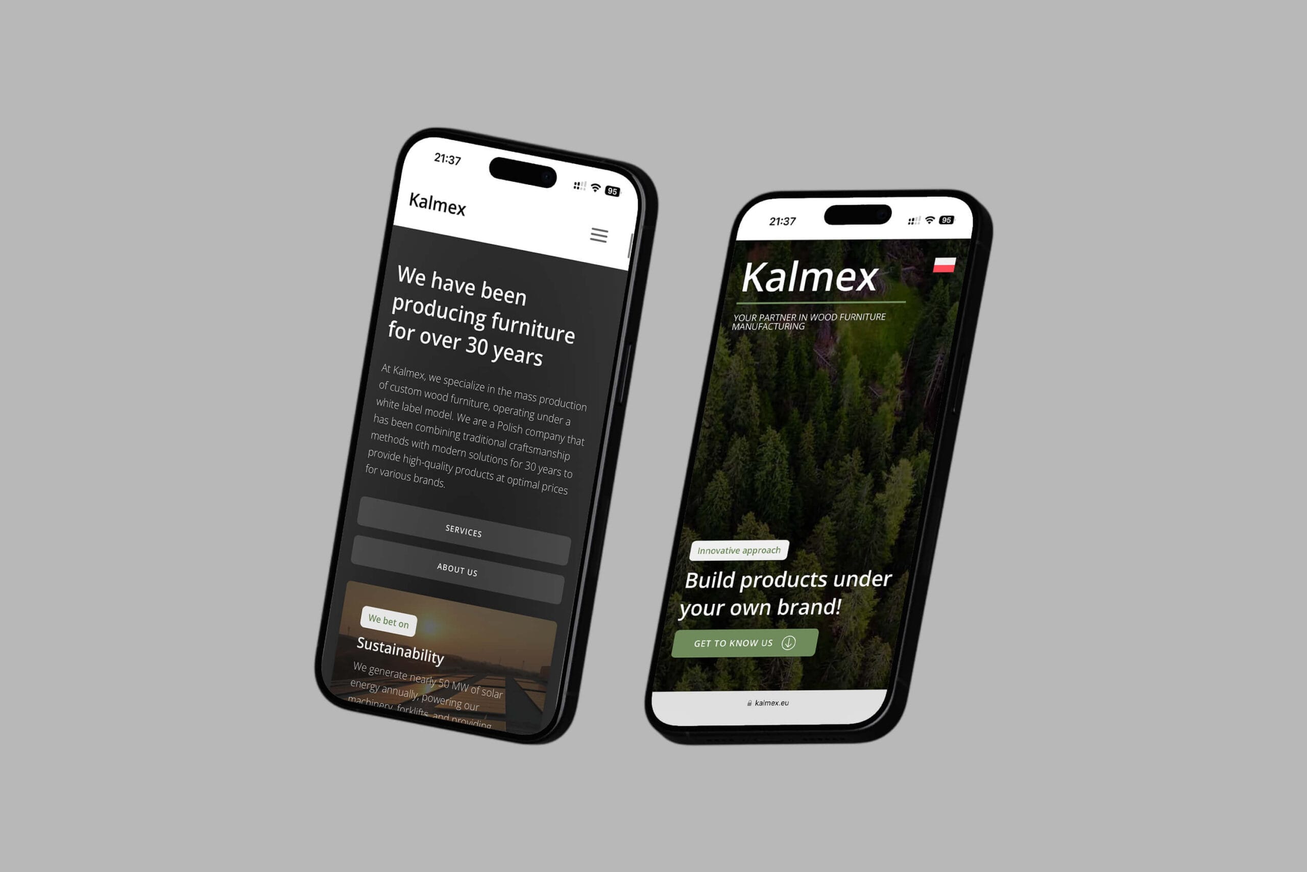 Two iPhones showing the mobile homepage of the Kalmex website.