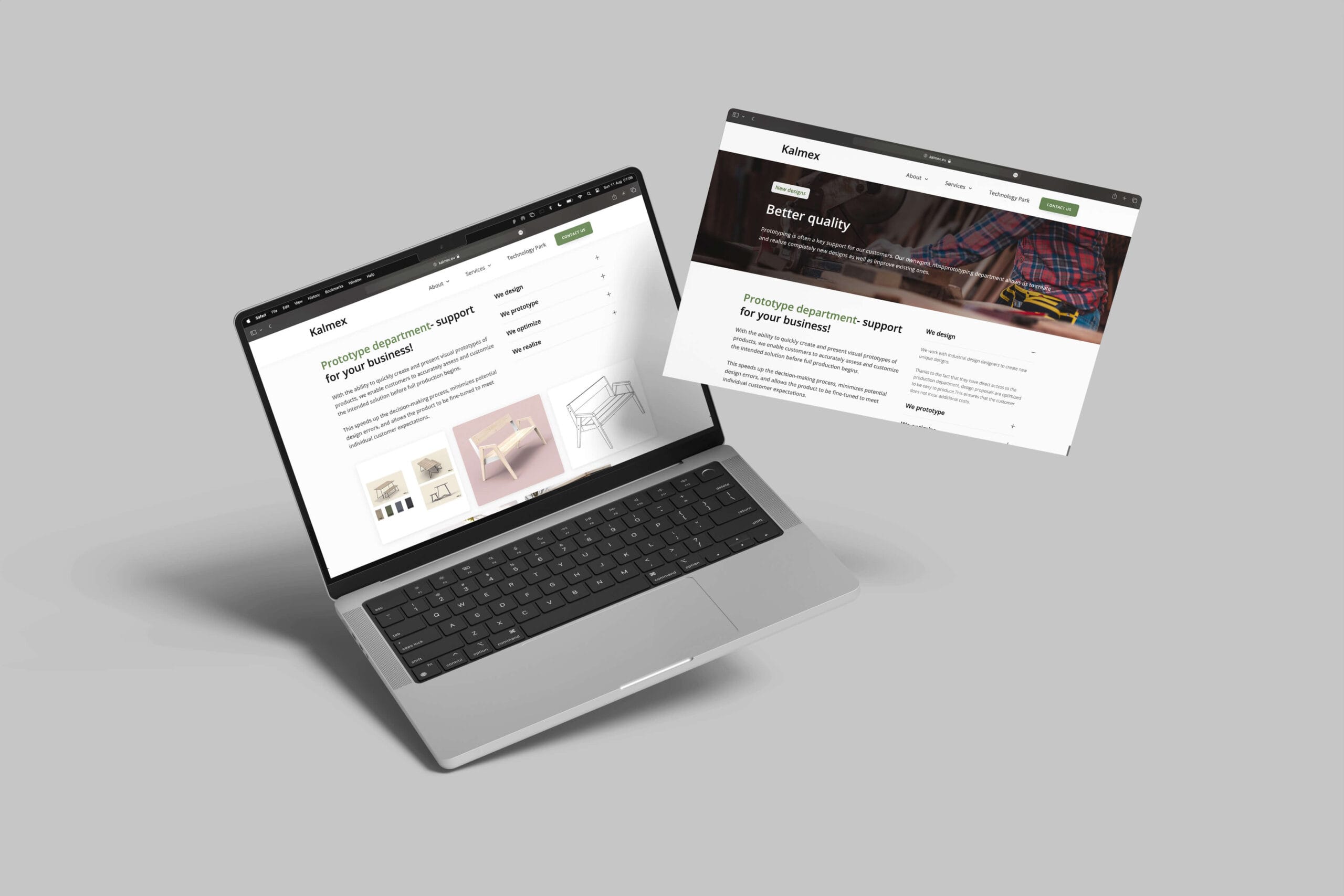 Two floating browser windows showing Kalmex's "Prototype department" and "Better quality" web sections.