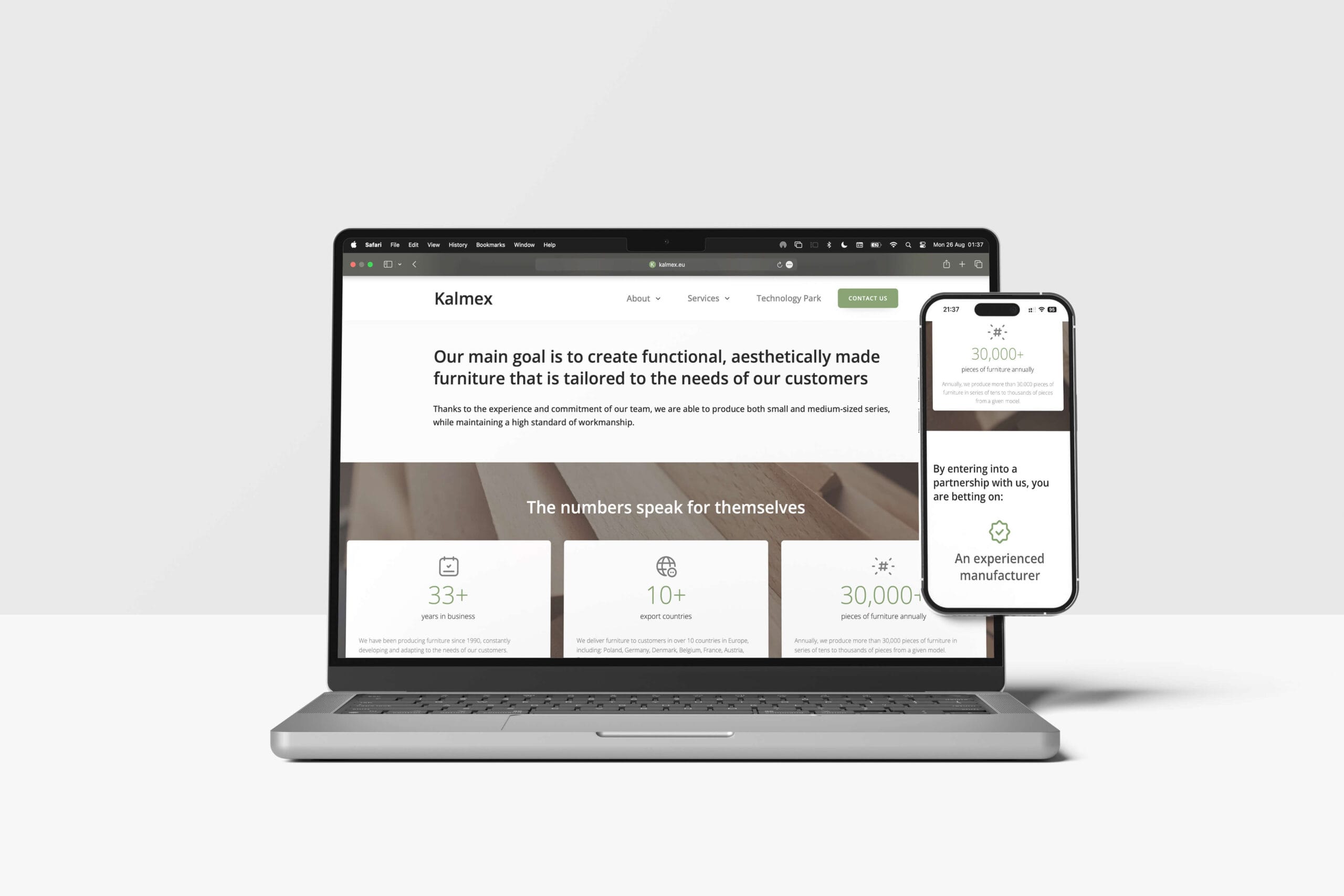 Laptop and iPhone showing Kalmex website "The numbers speak for themselves" section with company statistics.