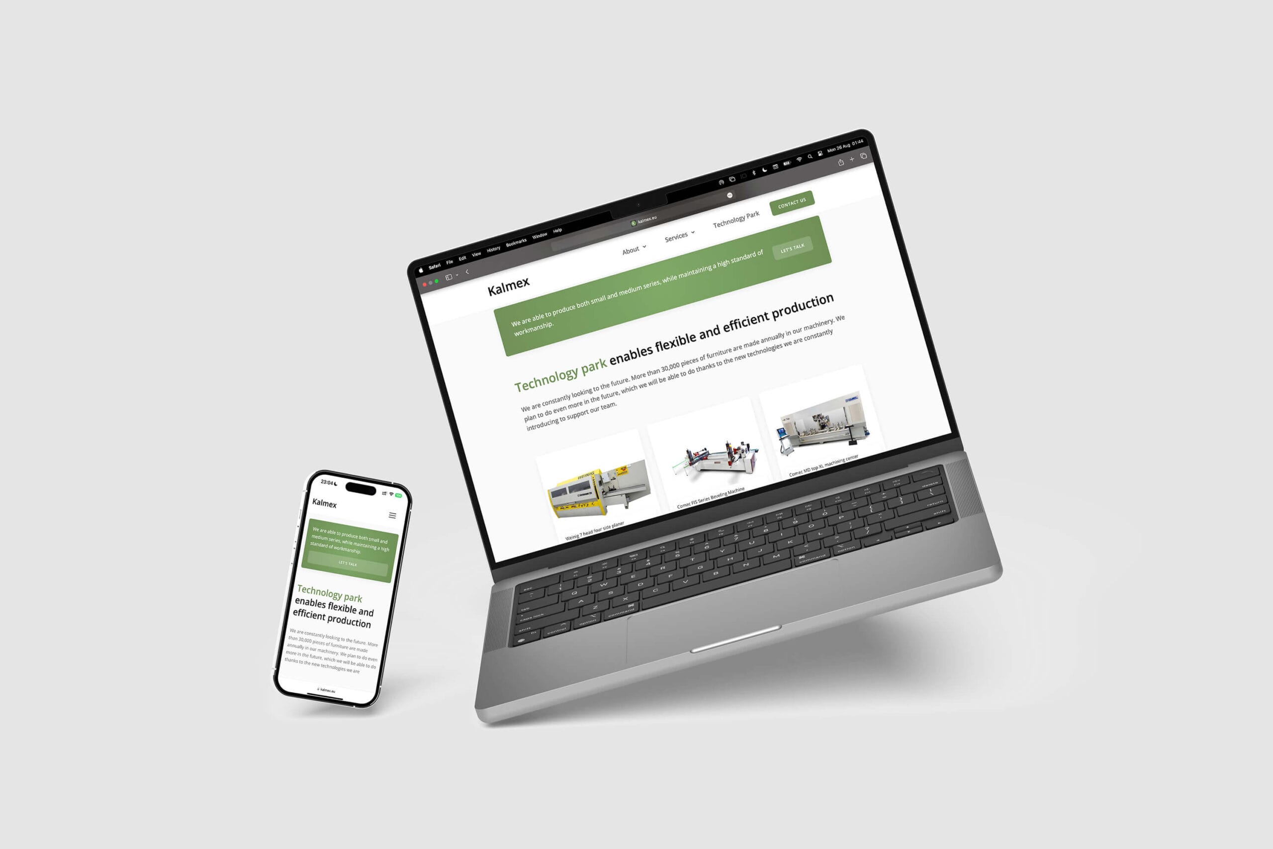 Laptop and mobile phone mockups displaying the responsive design of the Kalmex "Technology Park" section.
