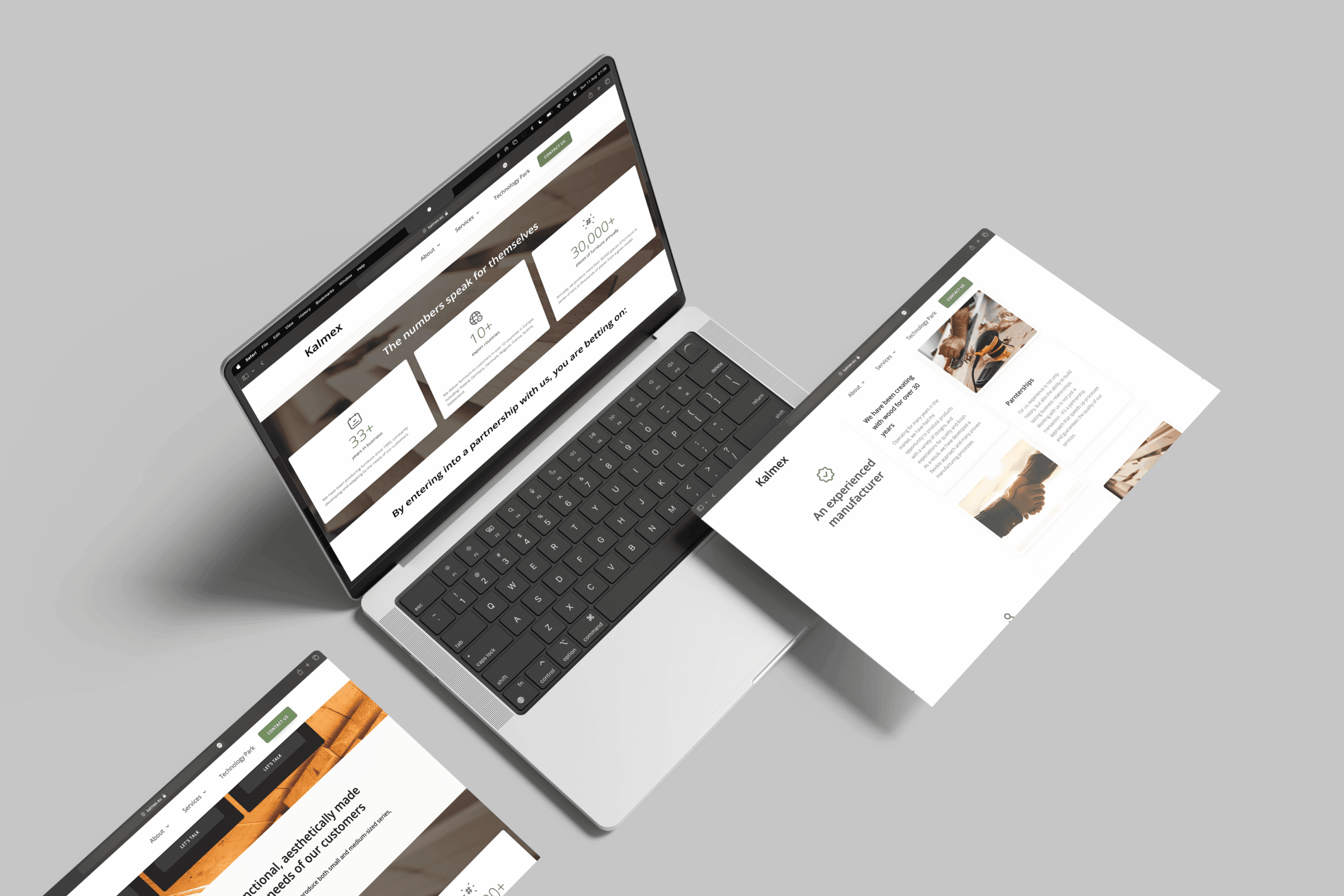 Floating laptop mockup showing Kalmex website's "Technology Park" page with modern machinery visuals.