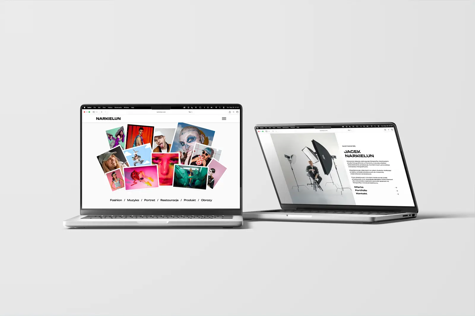 Two laptops side by side: one with the portfolio home grid, the other with the photographer’s minimalist “About” page and portrait.