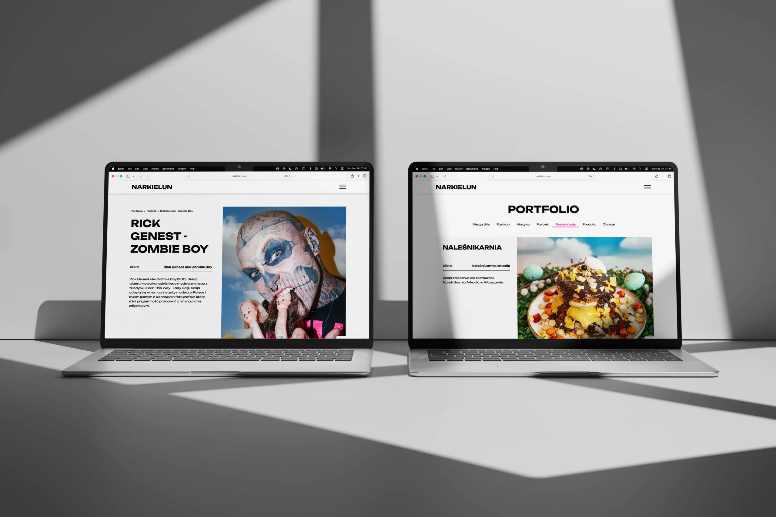 Desktop layout of a project detail page featuring a bold, high-contrast portrait for Rick Genest (Zombie Boy), credits, and descriptive text.