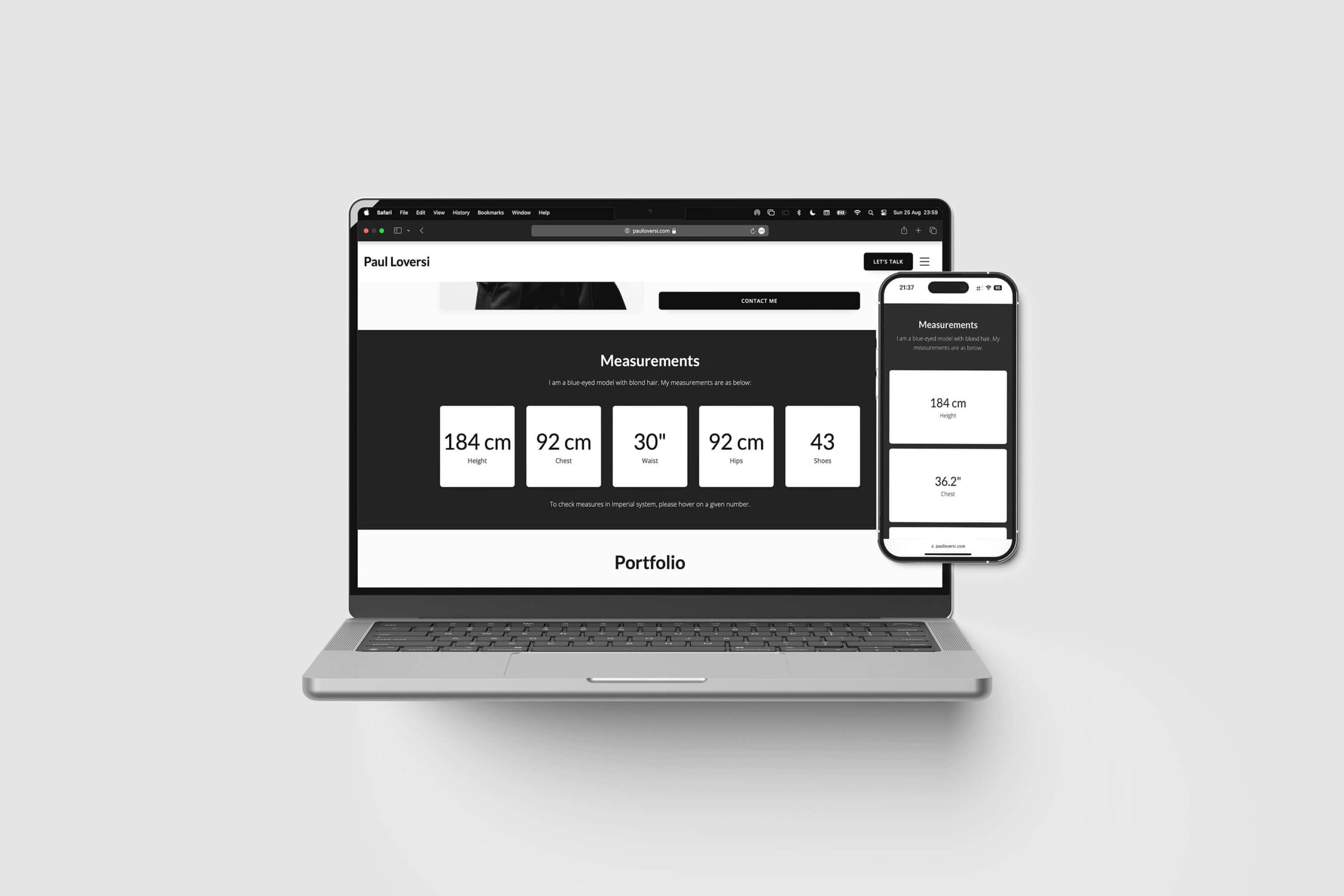 Laptop and mobile showing responsive information layout design with card-based statistics grid on Paul Loversi portfolio.