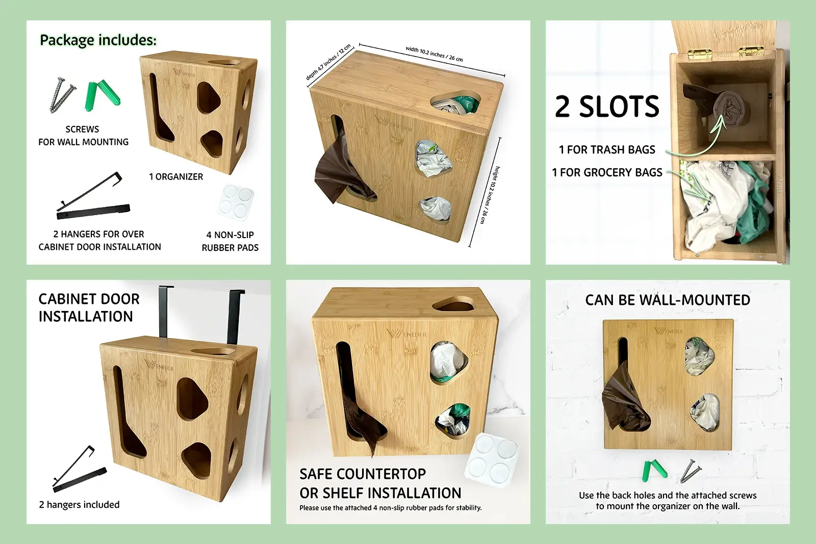 Six-panel product feature grid showing Weneder trash bag organizer installation options and usage scenarios.