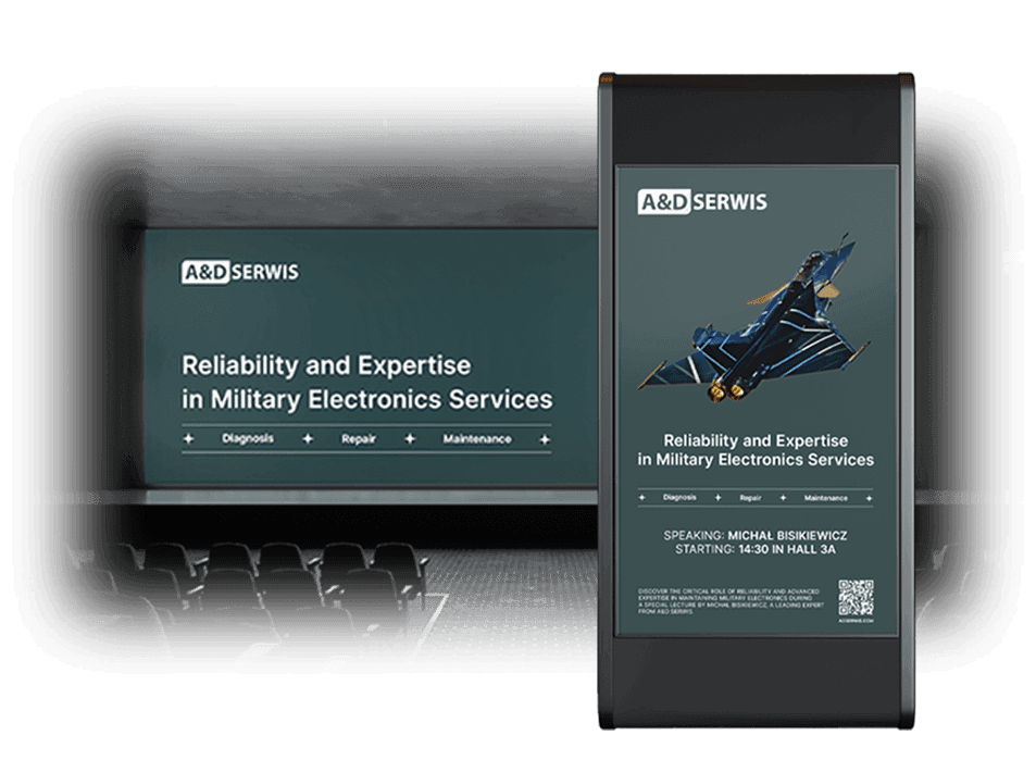 Brand design for A&D Serwis—branded conference screen and signage created by Rafał Czuchryta showcasing expertise in military electronics