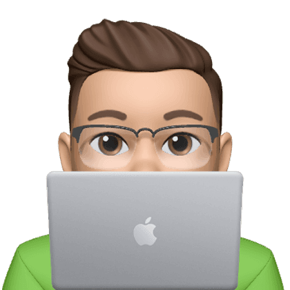 Memoji avatar with brown hair, green jacket, and grey laptop covering lower face