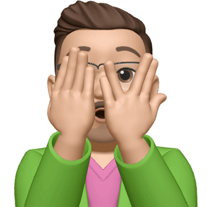 Memoji avatar with brown hair and green jacket, hands covering face in playful expression