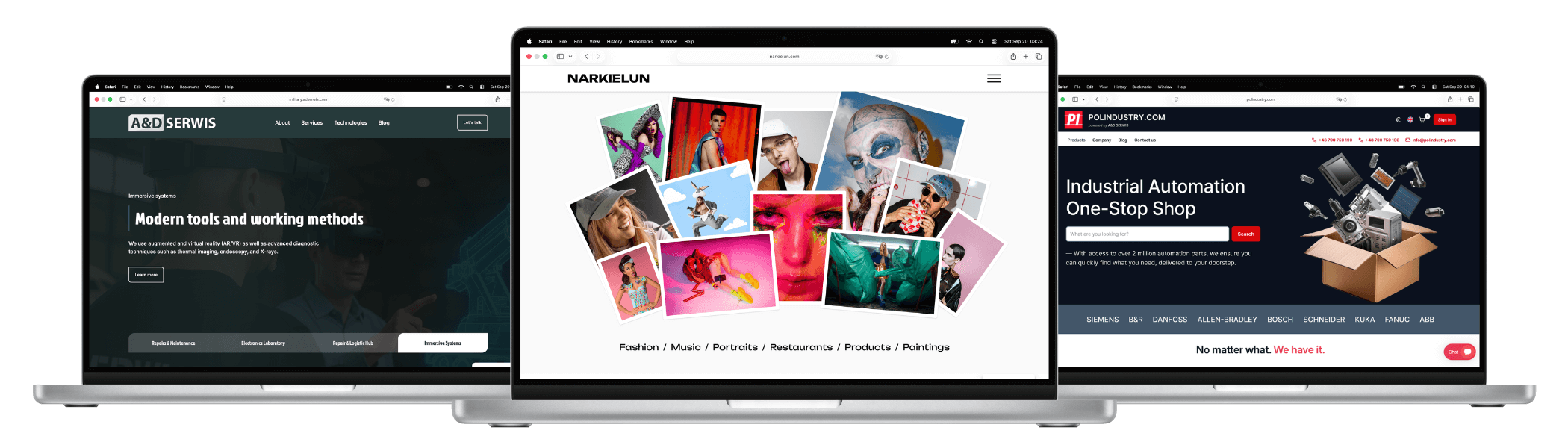 Three open laptops showcasing Rafał Czuchryta’s web design portfolio: A&D Serwis business site, Narkielun photography portfolio, and Polindustry, e-commerce for industrial automation