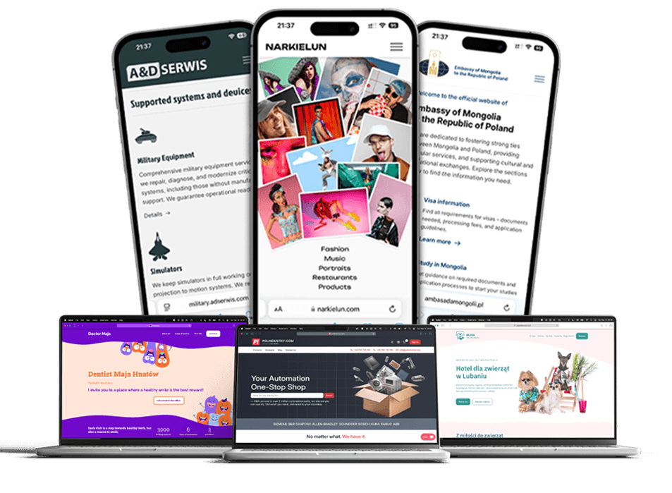 Modern web design portfolio by Rafał Czuchryta—responsive website projects displayed on iPhones and laptops